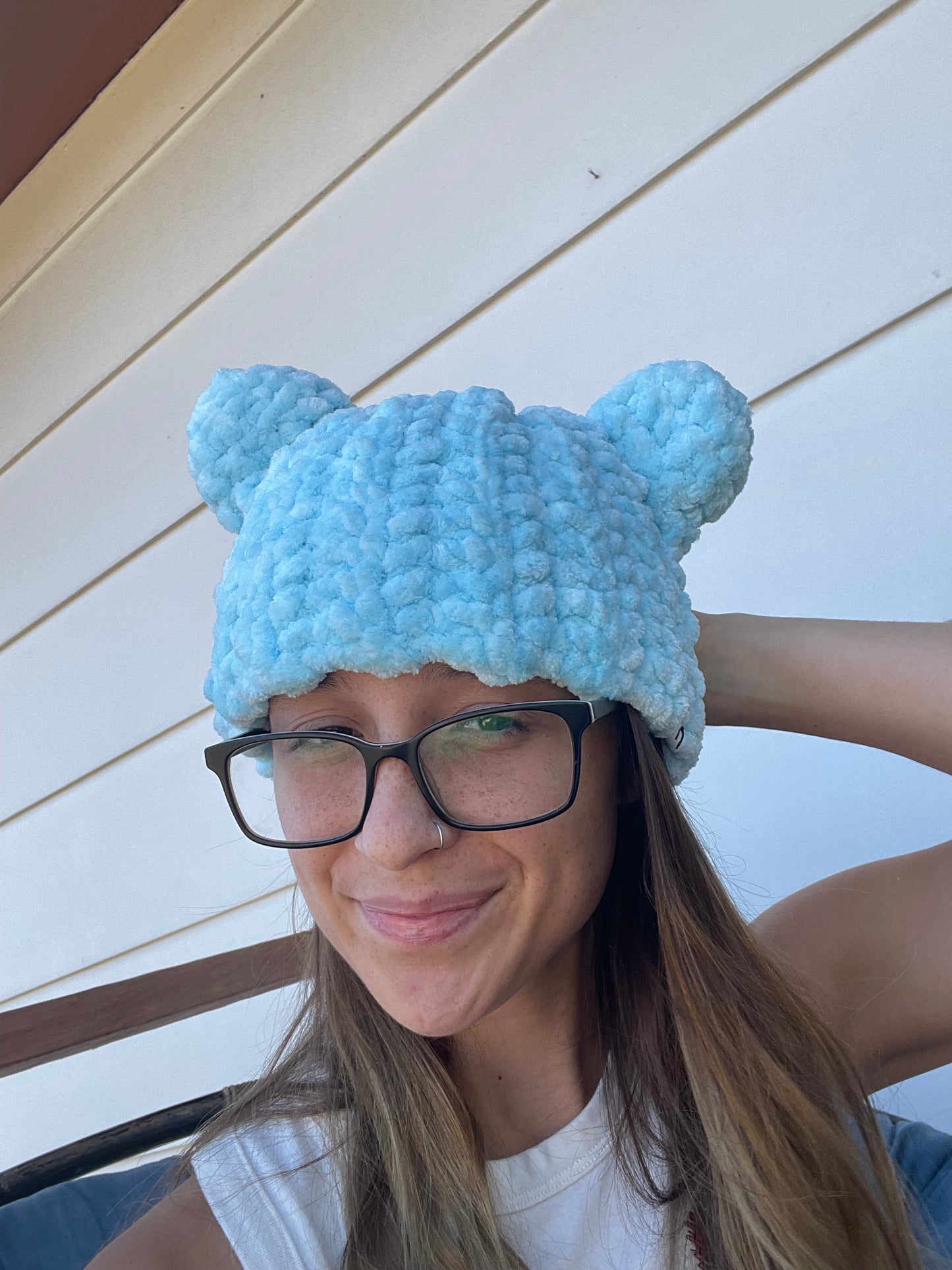 Fuzzy Bear Beanie - Blue