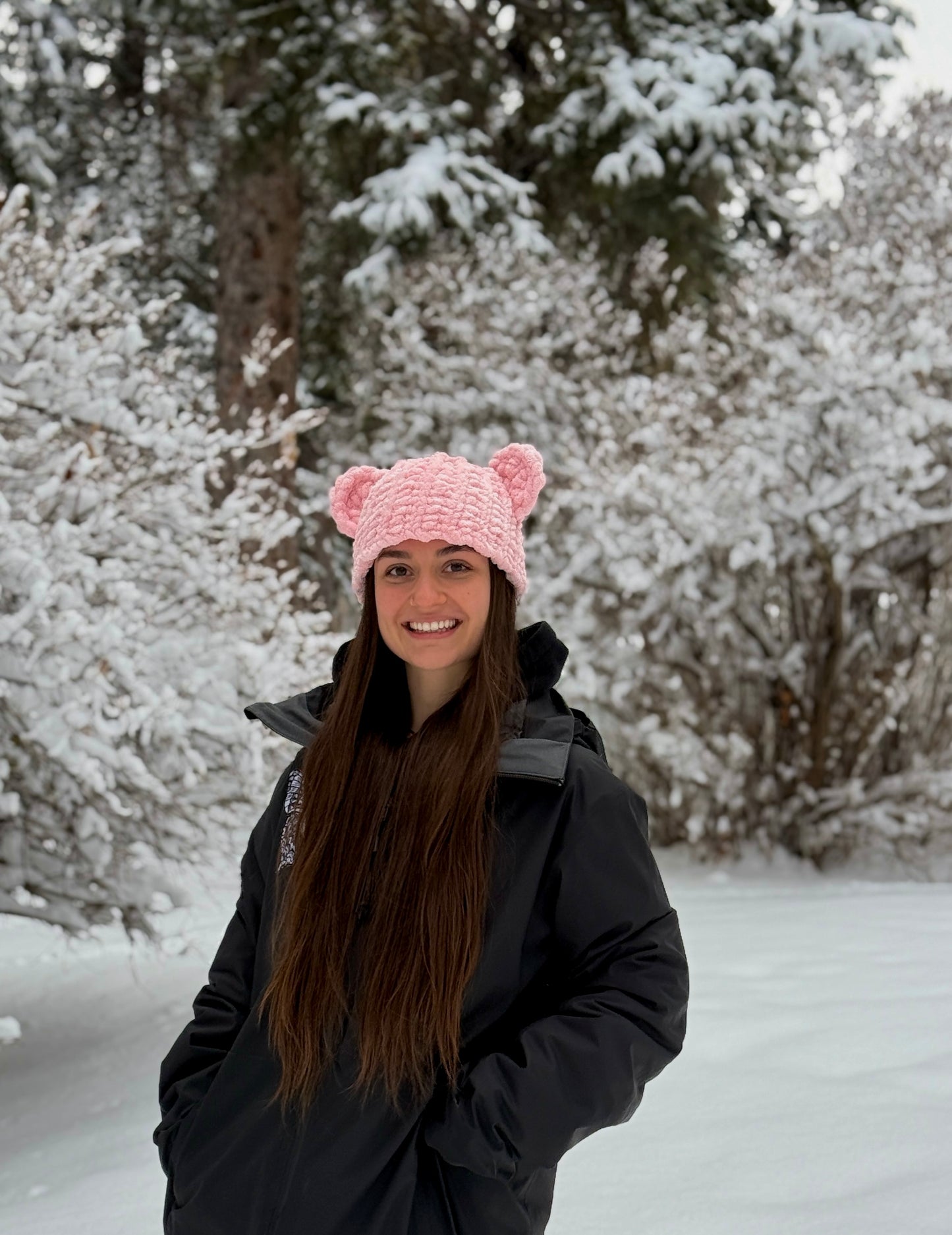 Fuzzy Bear Beanie - Pink