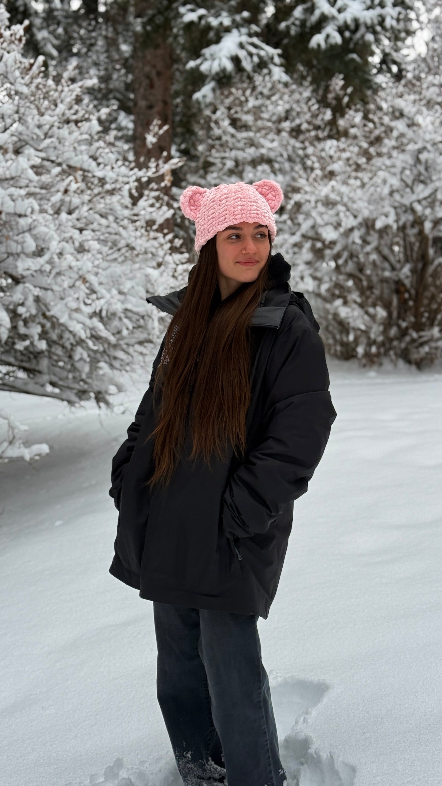 Fuzzy Bear Beanie - Pink